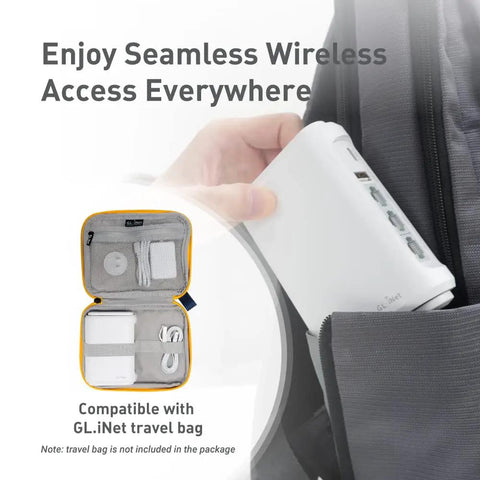 Person placing Opal Portable WiFi Travel Router With OpenWrt AC1200 into backpack, GL.iNet travel bag shown inset
