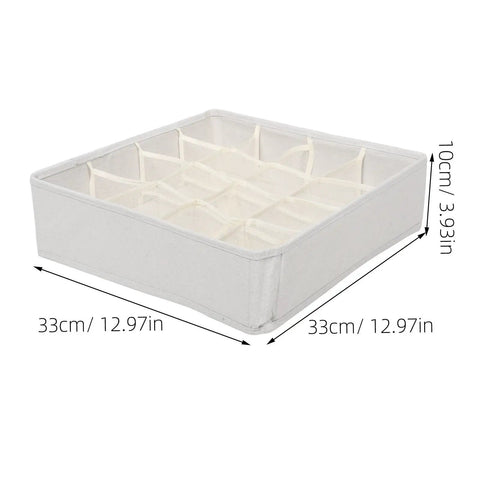 Super Slick 16 Compartment Foldable Drawer Storage Box For Underwear And Socks Made From Soft Cotton Linen Blend In Warm Beige dimensions 33cm x 10cm
