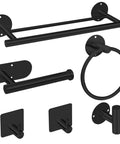 Matte Black 6 Piece Stainless Steel Bathroom Hardware Set With 16 Inch Wall Mount Hand Towel Bar Toilet Paper Holder Towel Ring And 3 Robe Hooks Dual Purpose Installation displayed