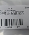 Label of Mini-Peeper UV Sensor Rev B, showing barcode and part numbers for HVAC systems.