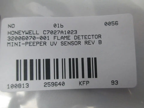 Label of Mini-Peeper UV Sensor Rev B, showing barcode and part numbers for HVAC systems.