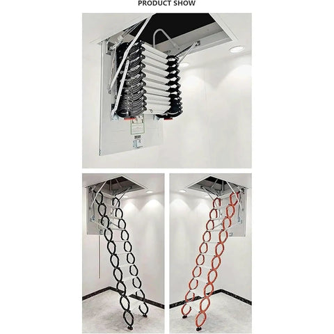 Heavy Duty Electric Pull Down Attic Ladder With Remote Control Fold Away Loft Staircase in black and red designs, ceiling mounted.