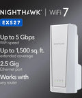 WiFi 7 Range Extender EXS27 That Covers Up To 1,500 Sq Ft And 45 Devices With BE5000 Dual Band Booster Up To 5 Gbps, shown against specs