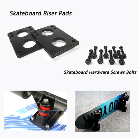 Skateboard riser pads and screws, part of 70mm Longboard Wheels 51mm Wide With 80A Hardness And ABEC-9 Bearings, set displayed.