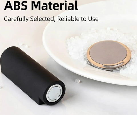 Ultra-Thin Magnetic Door Stopper With Heavy Duty Adhesive No Drill Floor Mount Strong Holder For Interior Home Doors Easy Clean Mop Safe Design on white surface.
