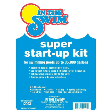 Product packaging of Pre Measured Pool Opening Kit For Up To 35,000 Gallons With Sodium Dichlor Clarifier And Algaecide.