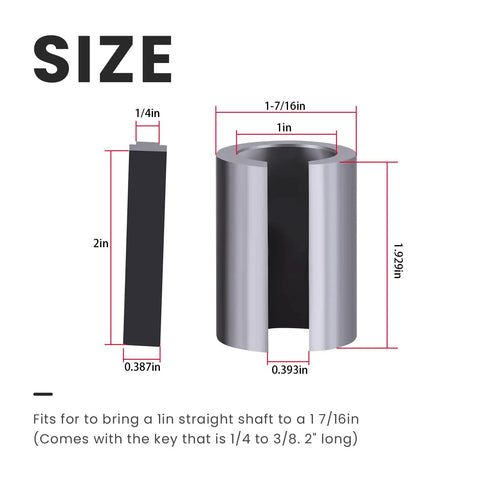 Heavy Duty Shaft Adapter From 1 Inch Straight Shaft To 1-7/16 Inch, Fits Gas Engine Pulleys, Includes 1/4 To 3/8 Inch Key, 2 Inch Long, Black, Sleeve Attachment For Easy Pulley Conversion. size diagram showing 1in to 1-7/16in adapter and 1/4in key