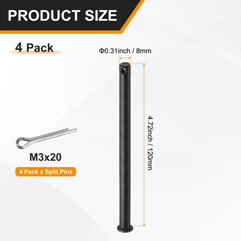 Product size chart for 4 Pack M8x120mm Single Hole Clevis Pins Black Built For Quick Attachments And Heavy Duty Rigging In Farm Construction Aviation Ship Rigging Furniture Assembly And Mechanical Linkages, showing 8mm x 120mm pin and M3x20 split pin