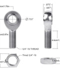 Bad Boy 3/4 Inch Heim Joint Rod End 2 Piece Set precision ball joints with measurements for hot rod steering linkage upgrade.
