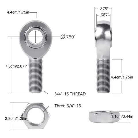 Bad Boy 3/4 Inch Heim Joint Rod End 2 Piece Set precision ball joints with measurements for hot rod steering linkage upgrade.