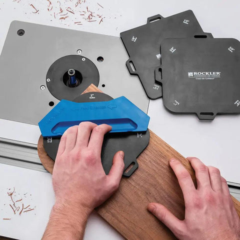Hands using Corner Cutter Router Template Set Of 3 with rubber strips for smooth precision corner curves on wooden board