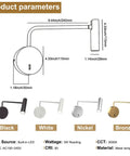 Wall Mounted Reading Light For Bedroom With LED Swing Arm Sconce, dimensions, color options, and materials listed.