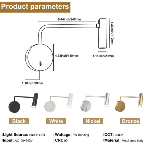 Wall Mounted Reading Light For Bedroom With LED Swing Arm Sconce, dimensions, color options, and materials listed.