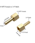 Image of Six Pack Brass One Quarter Inch NPT Female To One Quarter Inch Barb Air Hose Fittings with dimensions labeled.