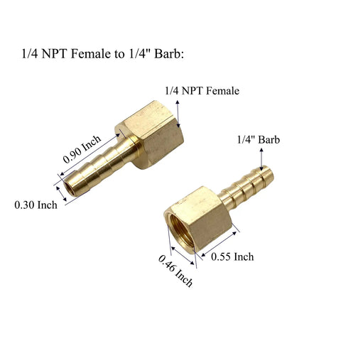 Image of Six Pack Brass One Quarter Inch NPT Female To One Quarter Inch Barb Air Hose Fittings with dimensions labeled.