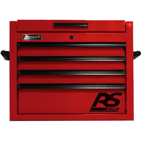 Front view of Pro 27 Inch Four Drawer Top Chest With Electrical Outlet Red Finish For Garage And Workshop Shop Grade Tool Storage