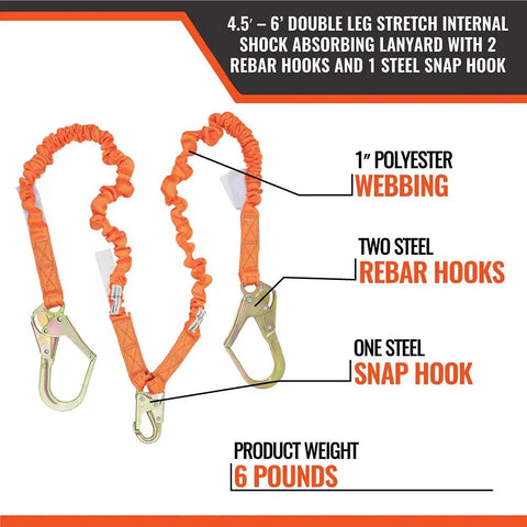 Double Leg Stretch Fall Protection Lanyard With Internal Shock Absorbing Design For 4.5 To 6 Feet, One Steel Snap Hook And Two Rebar Hooks