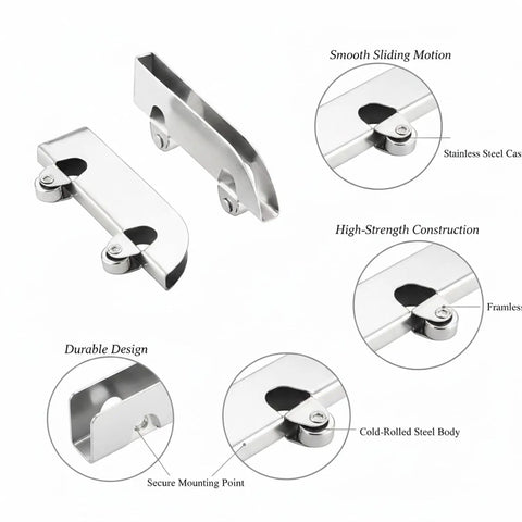Heavy Duty Sliding Door Track System For Frameless Cabinets Built With Cold Rolled Steel Rails And Premium Stainless Steel Casters close-up of stainless steel casters and rail components.