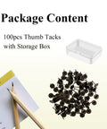One Hundred Heavy Duty Flat Head Thumb Tacks In Bronze Top Shelf Push Pins for Upholstery and Wall Decor, with storage box.