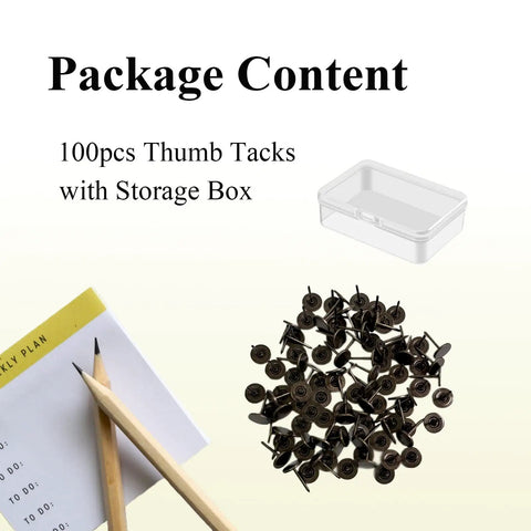 One Hundred Heavy Duty Flat Head Thumb Tacks In Bronze Top Shelf Push Pins for Upholstery and Wall Decor, with storage box.