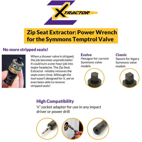 Zip Seat Extractor Power Wrench for Symmons Temptrol Valve includes Evolve and Classic extractor with drill power socket.