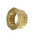 Close-up of brass reducer hex bushing: 1-1/4 in NPT male to 3/4 in NPT female pipe fitting