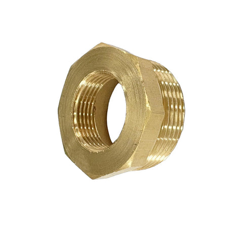 Close-up of brass reducer hex bushing: 1-1/4 in NPT male to 3/4 in NPT female pipe fitting