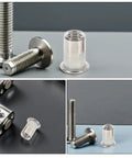 Collage of Stainless Steel Rivet Nuts M5 Flat Head 70pcs Threaded Insert Nut Kit for easy installations in various setups.