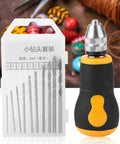 Mini Hand Drill With 10 Pc Twist Bit Set, Portable Precision Pin Vise For Jewelry And Woodcraft, black and yellow ergonomic handle with twist bits.