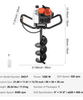 Gas Powered Post Hole Digger With 43cc Engine And 8 Inch Auger Bit, measurements and specifications chart