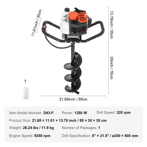 Gas Powered Post Hole Digger With 43cc Engine And 8 Inch Auger Bit, measurements and specifications chart