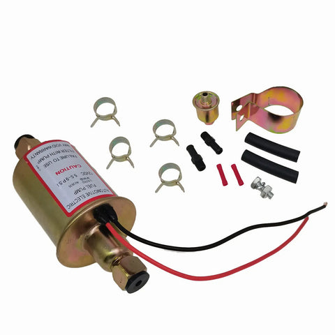 Universal 12V Electric Fuel Pump 5.5 To 9 PSI with accessories for cars, trucks, boats, and generators displayed on white background