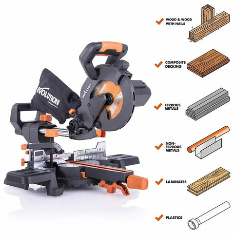 Sliding Miter Saw For Multi Material Cutting With Included Blade Cuts Wood Metal Plastic And More 50 Degree Miter 45 Degree Bevel 210 mm Slide 7-1/4 Inch Capacity Sparks Free Performance 3 Year Warranty