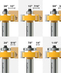 Knockout Quality 1/2 Inch Shank Rabbet Router Bit Set With Six Interchangeable Depth Bearings And Precision Carbide Cutters showing various cutter depths and sizes.