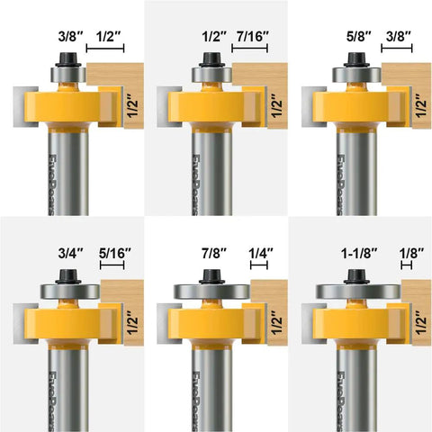Knockout Quality 1/2 Inch Shank Rabbet Router Bit Set With Six Interchangeable Depth Bearings And Precision Carbide Cutters showing various cutter depths and sizes.