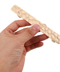 Hand holding a gold zinc alloy cabinet pull handle from Two Pack Zinc Alloy Cabinet Pull Handles With Screws For Kitchen Cabinets Wardrobe And Dresser Doors Modern Metal Drawer Pulls Hardware Accessories Dope Quality Ready To Install Built To Last. Focus on textured surface.