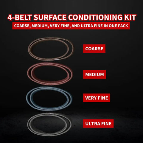 4 belts from 2 Inch By 72 Inch Surface Conditioning Kit With Coarse, Medium, Very Fine And Ultra Fine Nonwoven Belts displayed