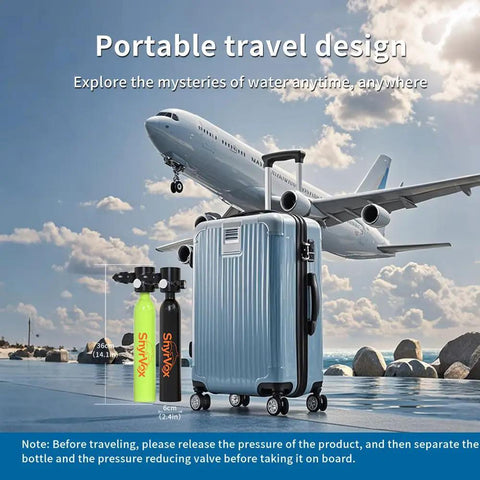 Mini Scuba Tank With Full Face Mask Snorkeling Kit No Hoses Just Breathe 3000 PSI Point Five Liter Underwater Breathing Device Six To Ten Minutes Of Air All In One With Adapter And Air Pump Black travel-friendly design displayed beside luggage with airplane in the background.