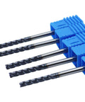 Five 1/8in solid carbide long end mills, 4-flute, in a blue plastic holder.