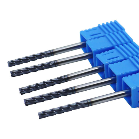 Five 1/8in solid carbide long end mills, 4-flute, in a blue plastic holder.