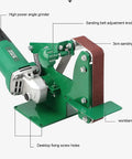 Portable Mini Electric Belt Sander Bench Grinder With Five Sanding Belts For Metal Wood Plastic DIY Polishing, showing sanding belt adjustment.