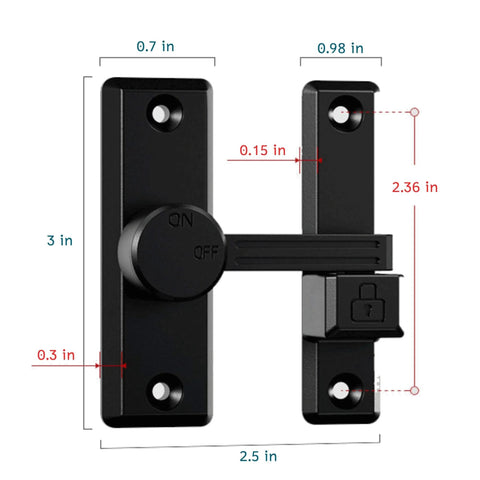 Front view of Heavy Duty Sliding Barn Door Latch With 90/180 Degree Universal Operation, Privacy Lock, durable zinc alloy in black.