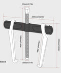 Diagram of 8-Inch 2-Jaw Gear Puller for internal and external removal, showing dimensions and heavy-duty CR-V steel construction.