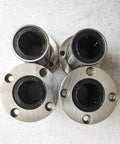 Flanged Linear Bearing Bushing LMF25UU Chrome Steel SAE 52100 With Rubber Sealed Closure, 59mm Length, 4 units displayed.