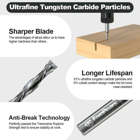 Up And Down Cut Compression Spiral Router Bit For CNC Machines, solid carbide, demonstrating cutting wood, design features included