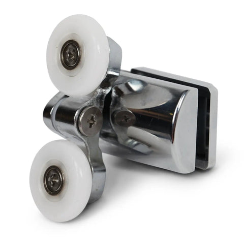 Close-up of Slick Premium Smooth Zinc Alloy Shower Door Rollers Replacement Kit showing dual 23mm ABS bearing wheels.