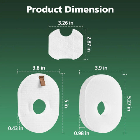 Product dimensions for Four Pack Filter Replacement For Rocket Ultra-Light Vacuum Beef Up Suction And Keep Air Clean Foam And Felt Filter Kit HV300 HV300W HV301 HV302 HV303 HV305 HV307 HV308 HV310 UV450 showing three filter sizes.