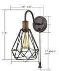 Farmhouse Plug In Wall Sconce Set Of 2 Oil Rubbed Bronze Industrial Gooseneck Lights With Polygon Cage dimensions shown