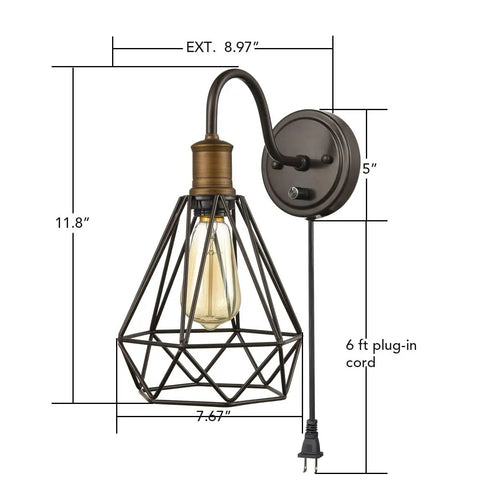 Farmhouse Plug In Wall Sconce Set Of 2 Oil Rubbed Bronze Industrial Gooseneck Lights With Polygon Cage dimensions shown