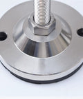 Real Deal Carbon Steel Leveling Feet Four Pack Non Slip Adjustable Base Pads For Workbenches Tables And Heavy Equipment Rack Stands No More Wobble Quick Threaded Setup close-up of steel base pad.